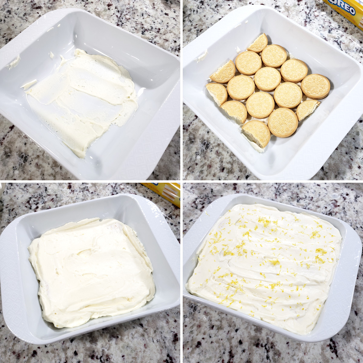 Assembling layers of an icebox cake.