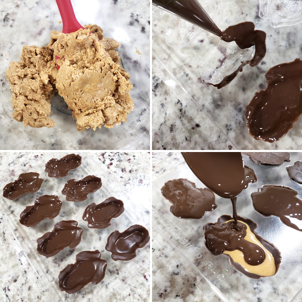 Making chocolate frogs in a candy mold.