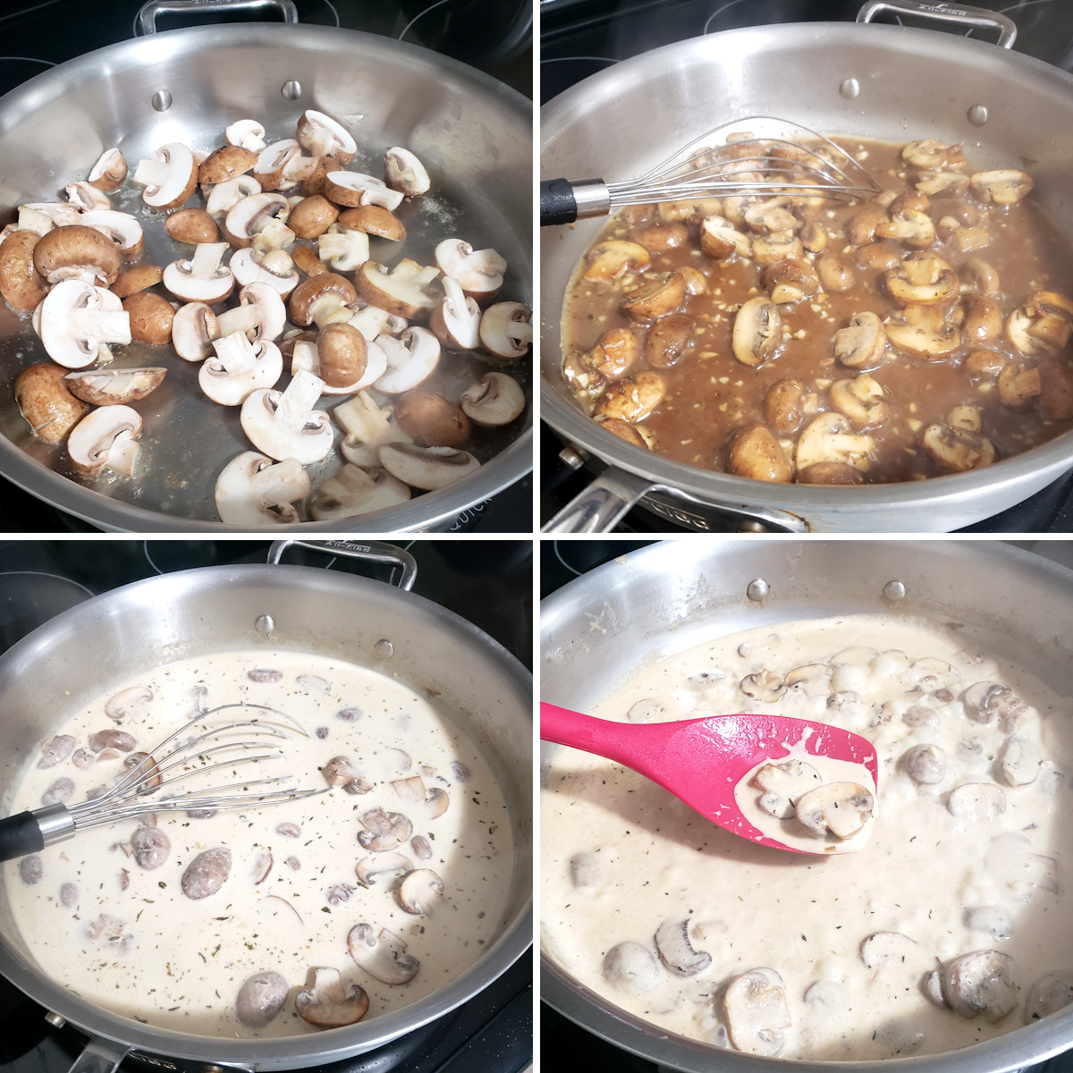 Making creamy mushroom sauce in a saute pan.