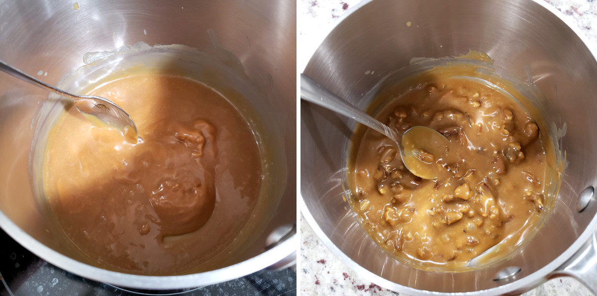 Melting caramel in a saucepan.