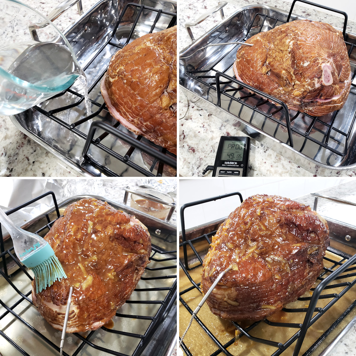 Preparing and glazing a spiral slized ham in a roasting pan.