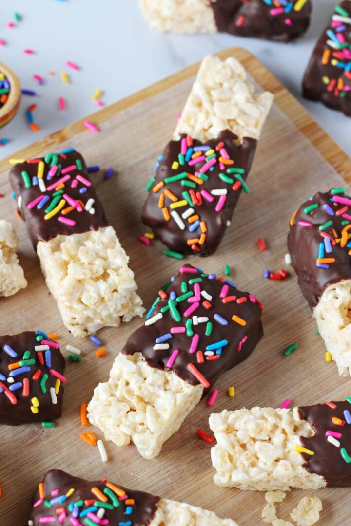 No bake treats dipped in chocolate and sprinkles.