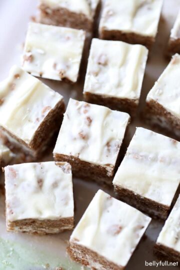 Cocoa krispie treats sliced into squares.