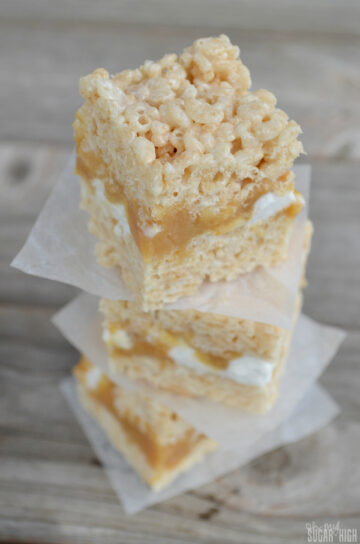A stack of caramel filled rice krispies treats.