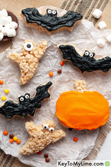 Rice krispies treats shaped like ghosts, bats, and pumpkins.