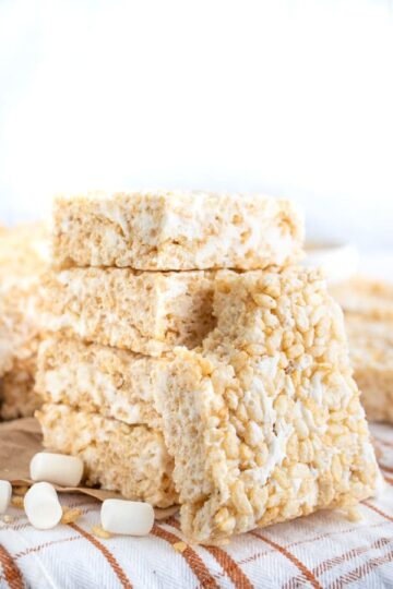 Vegan rice krispies treats filled with marshmallows.