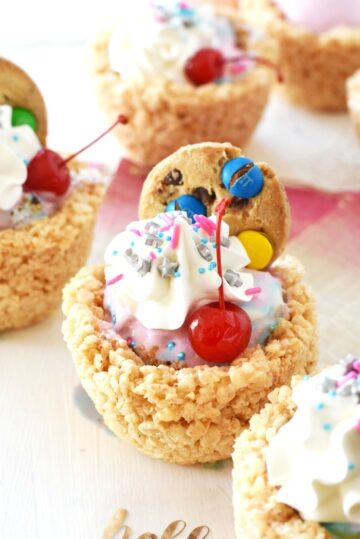 Rice krispies treat bowl filled with ice cream.