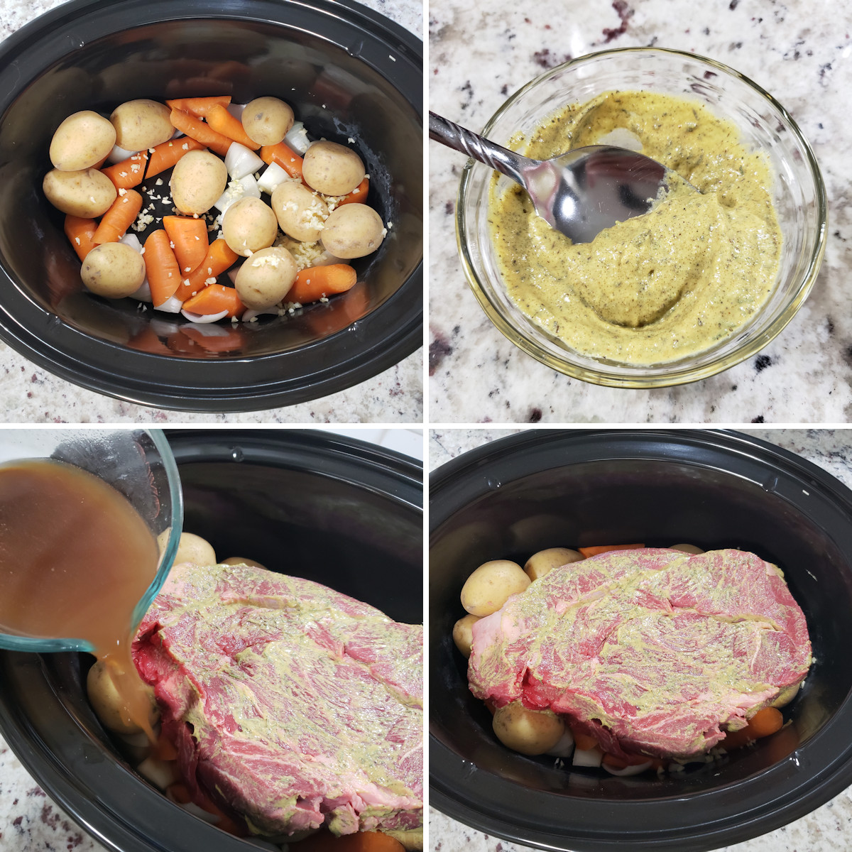 Adding ingredients to a slow cooker.