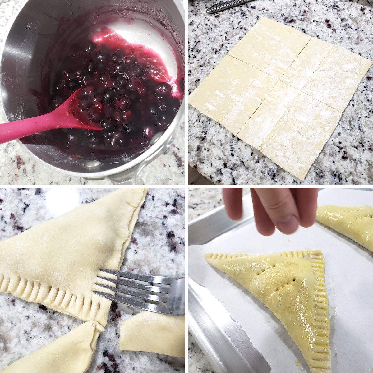 Assembling puff pastry blueberry turnovers.