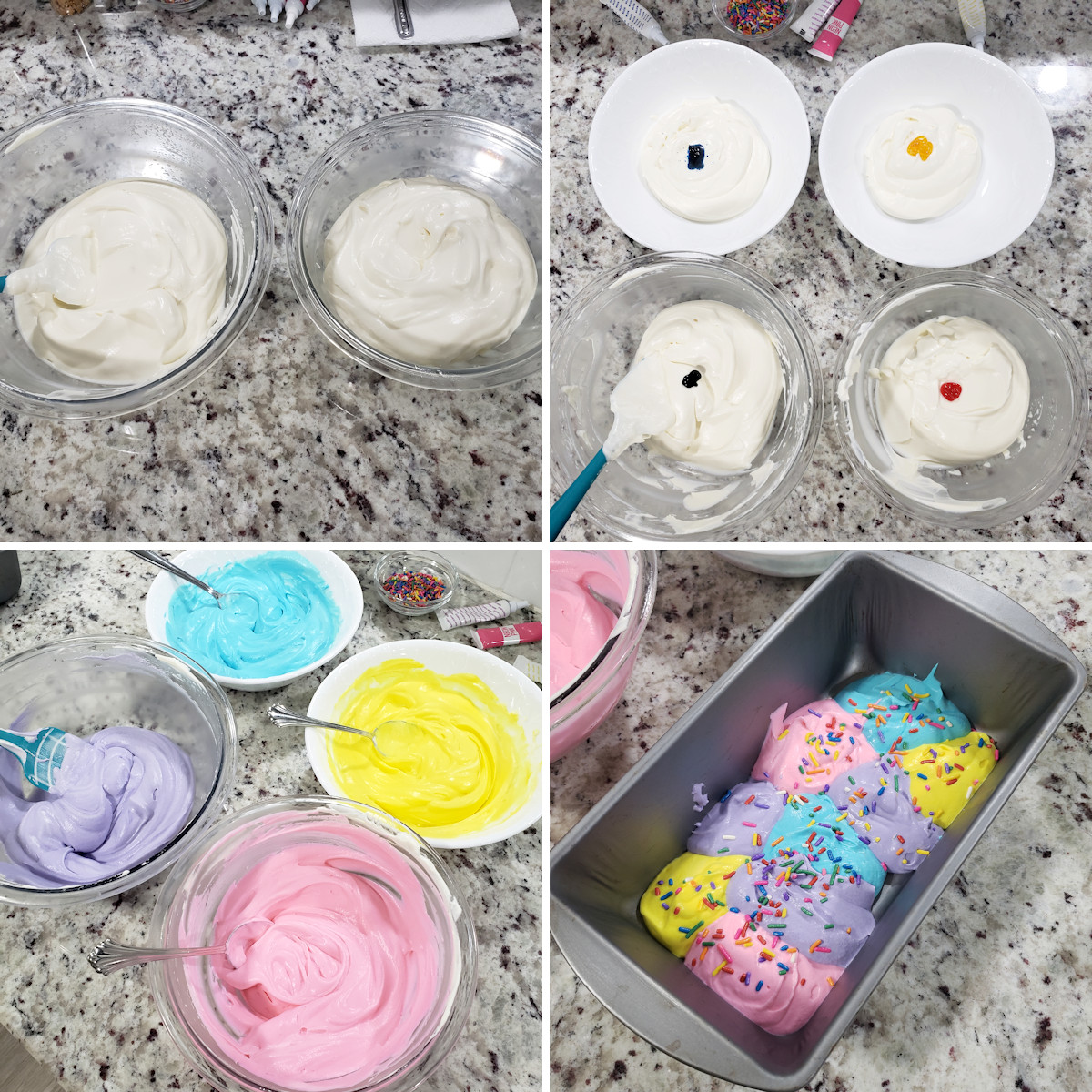 Making and assembling unicorn ice cream in a loaf pan.