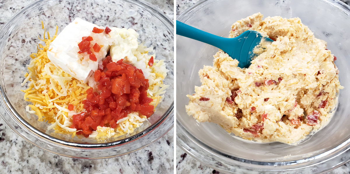 Mixing pimento cheese in a glass bowl.