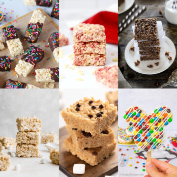 A collage of different flavors of rice krispies treats.