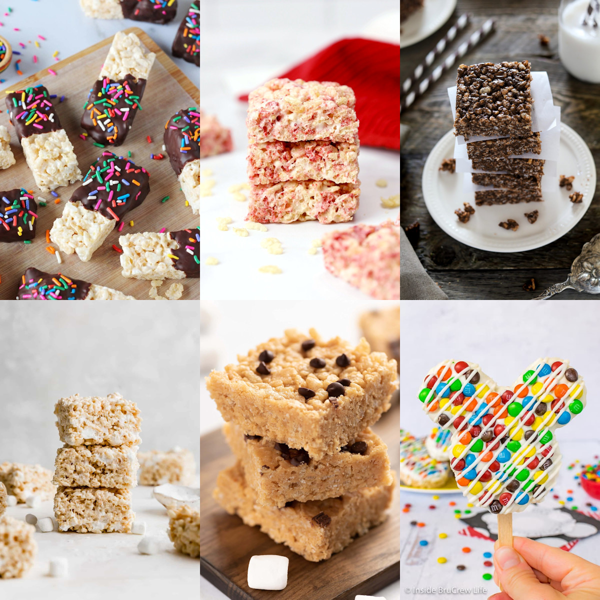 A collage of different flavors of rice krispies treats. 