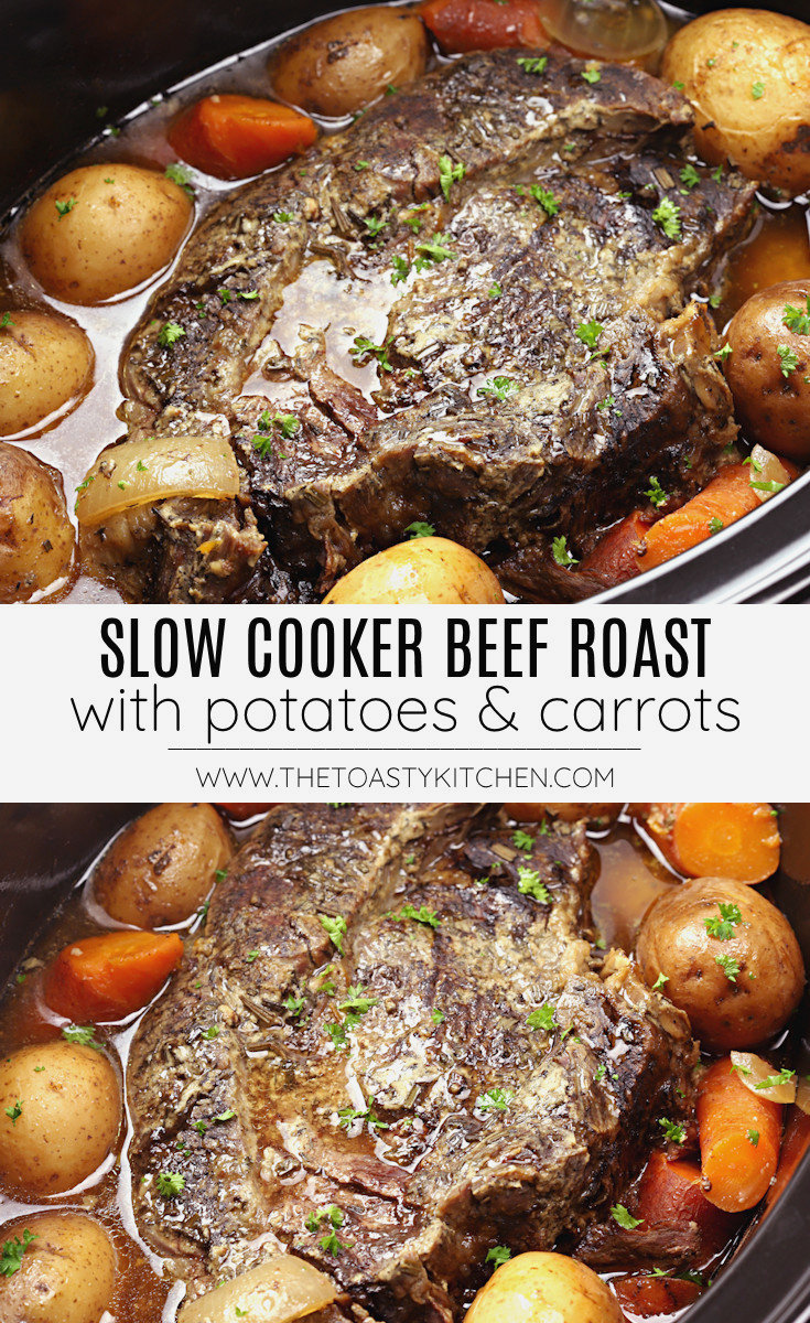 Slow cooker beef roast with potatoes and carrots recipe.