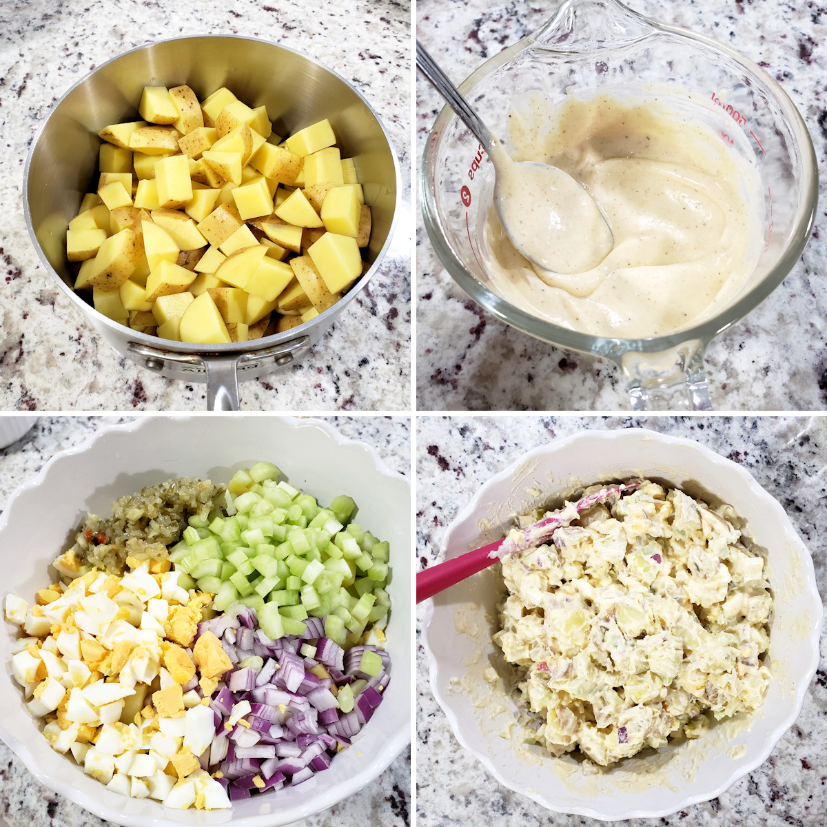 Assembling a potato salad in a mixing bowl.