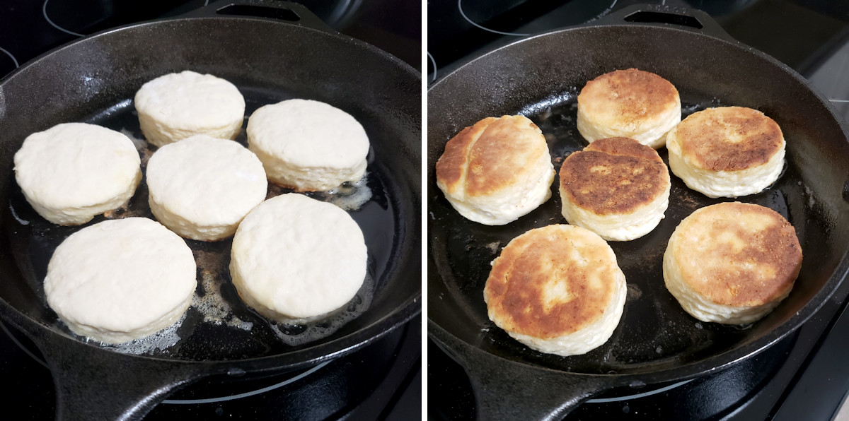 Biscuits cooking in a skillet on the stovetop.