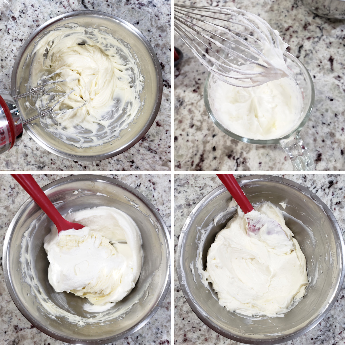 Mixing cheesecake dip ingredients in a metal bowl.