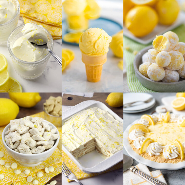 Collage of different types of no-bake lemon desserts.
