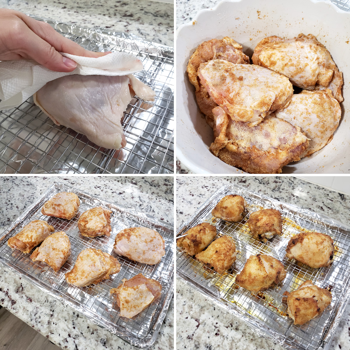 Preparing chicken thighs on a baking sheet.