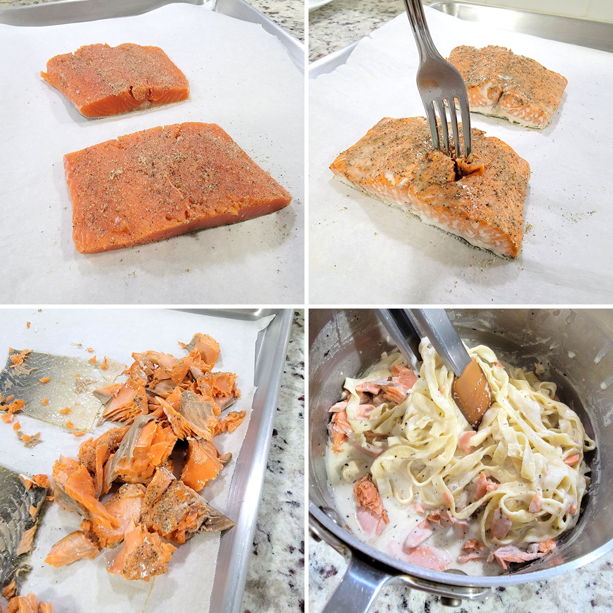 Cooking and flaking salmon to add to a pot of alfredo.
