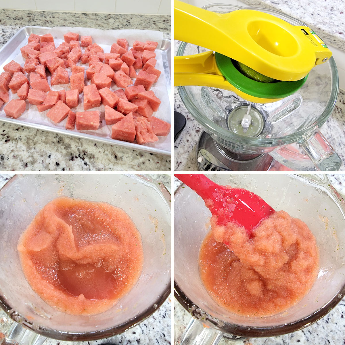 Freezing watermelon and blending to make a slushie.