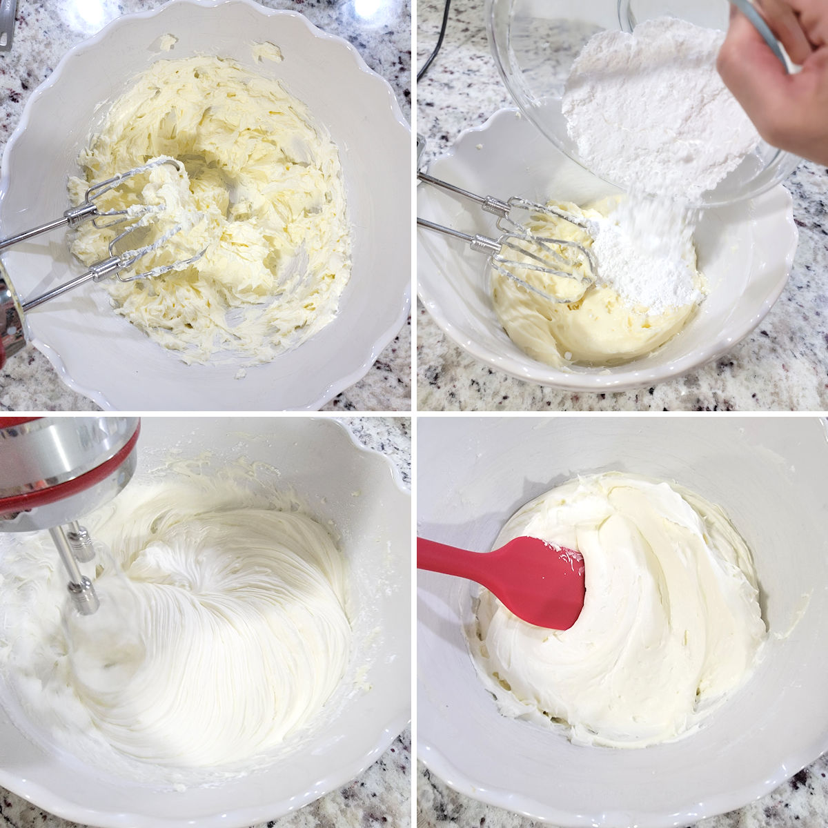 Mixing cream cheese frosting in a bowl with a hand mixer.