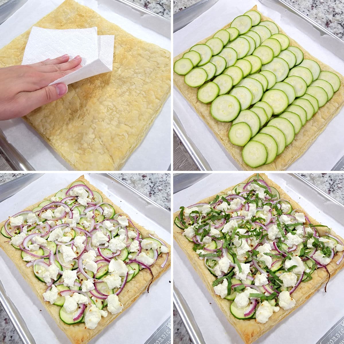 A collage showing the assembly of a puff pastry tart with toppings.