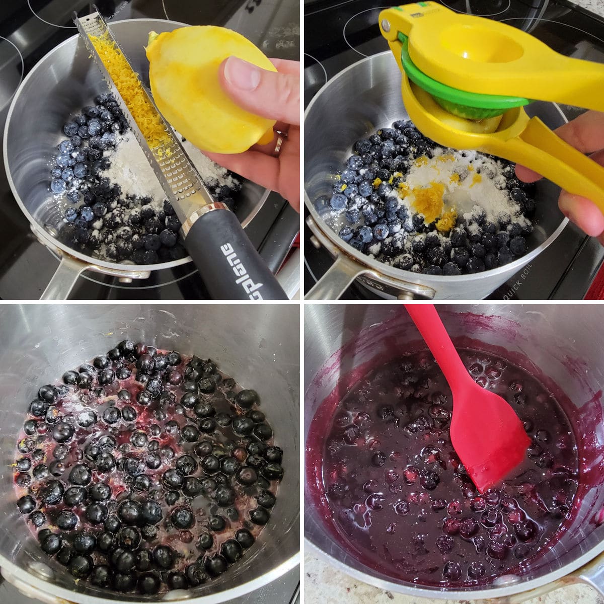 Cooking blueberry sauce in a pot on the stove top.