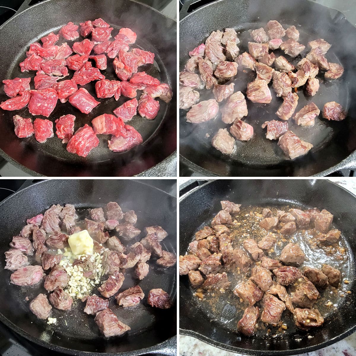 A collage of photos showing sirloin tips cooking in a cast iron pan.