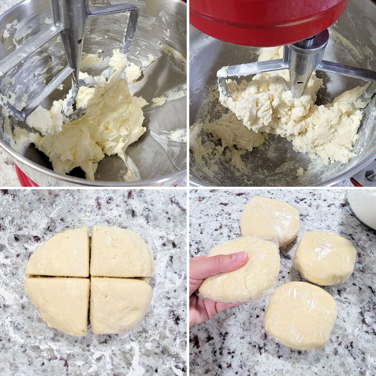 Mixing dough in a stand mixer and dividing into discs.