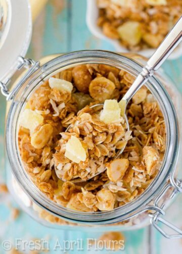 Glass jar filled with granola.