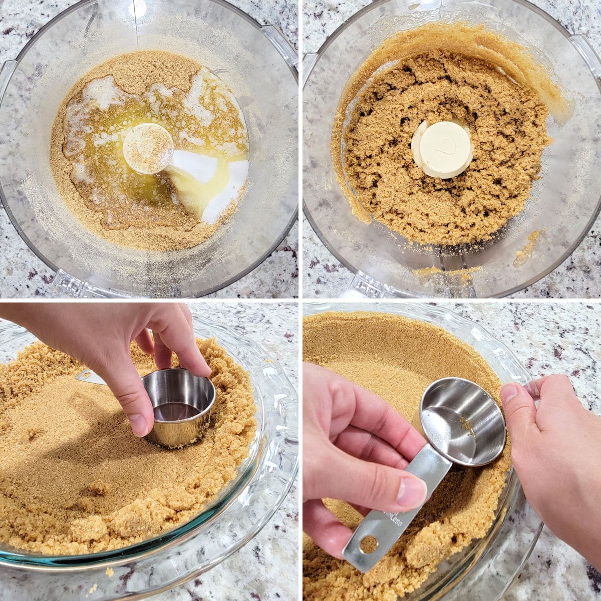 Mixing graham cracker crust in a food processor and pressing crust into a glass pie pan.
