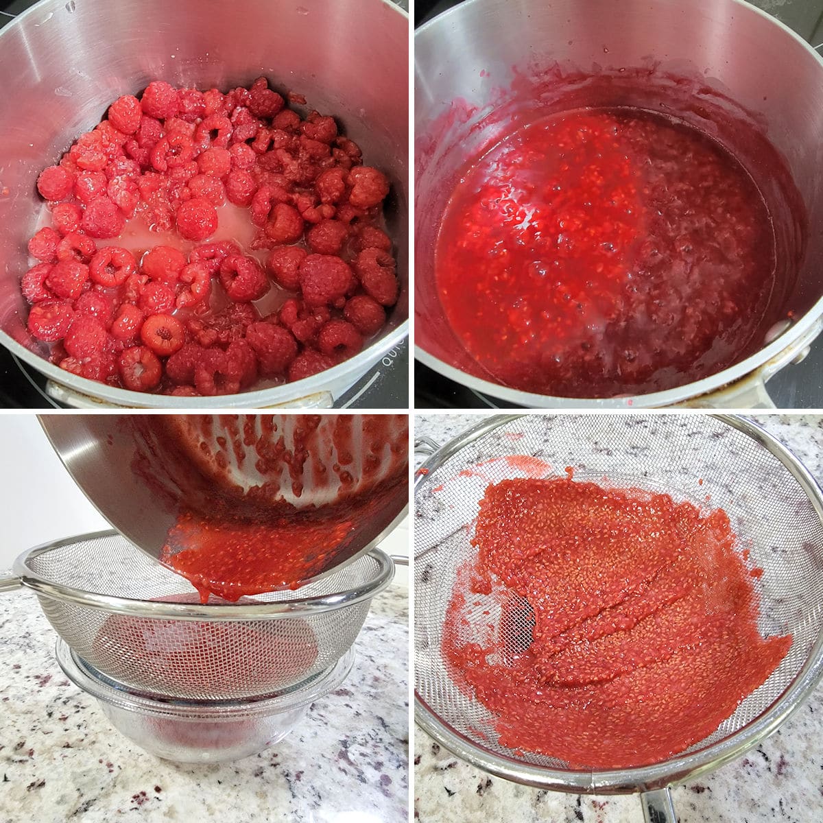 Cooking raspberry sauce and straining out the seeds.