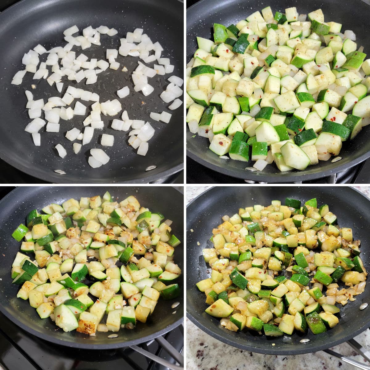 Zucchini and onions cooking in a skillet on the stovetop.