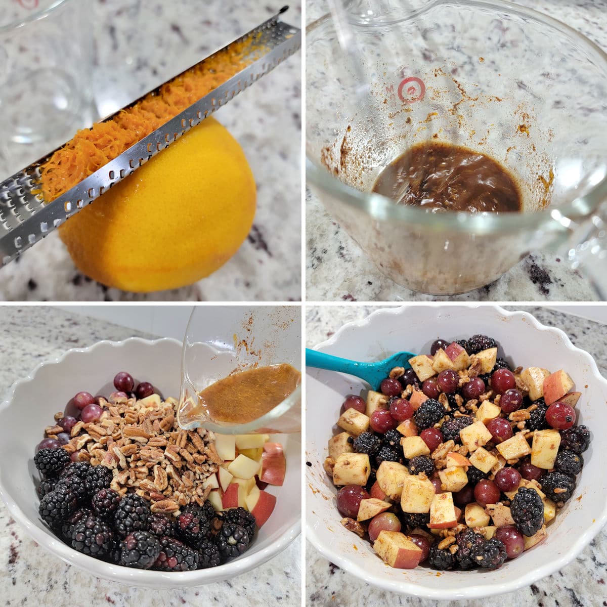 Collage of photos showing assembly of a fruit salad.