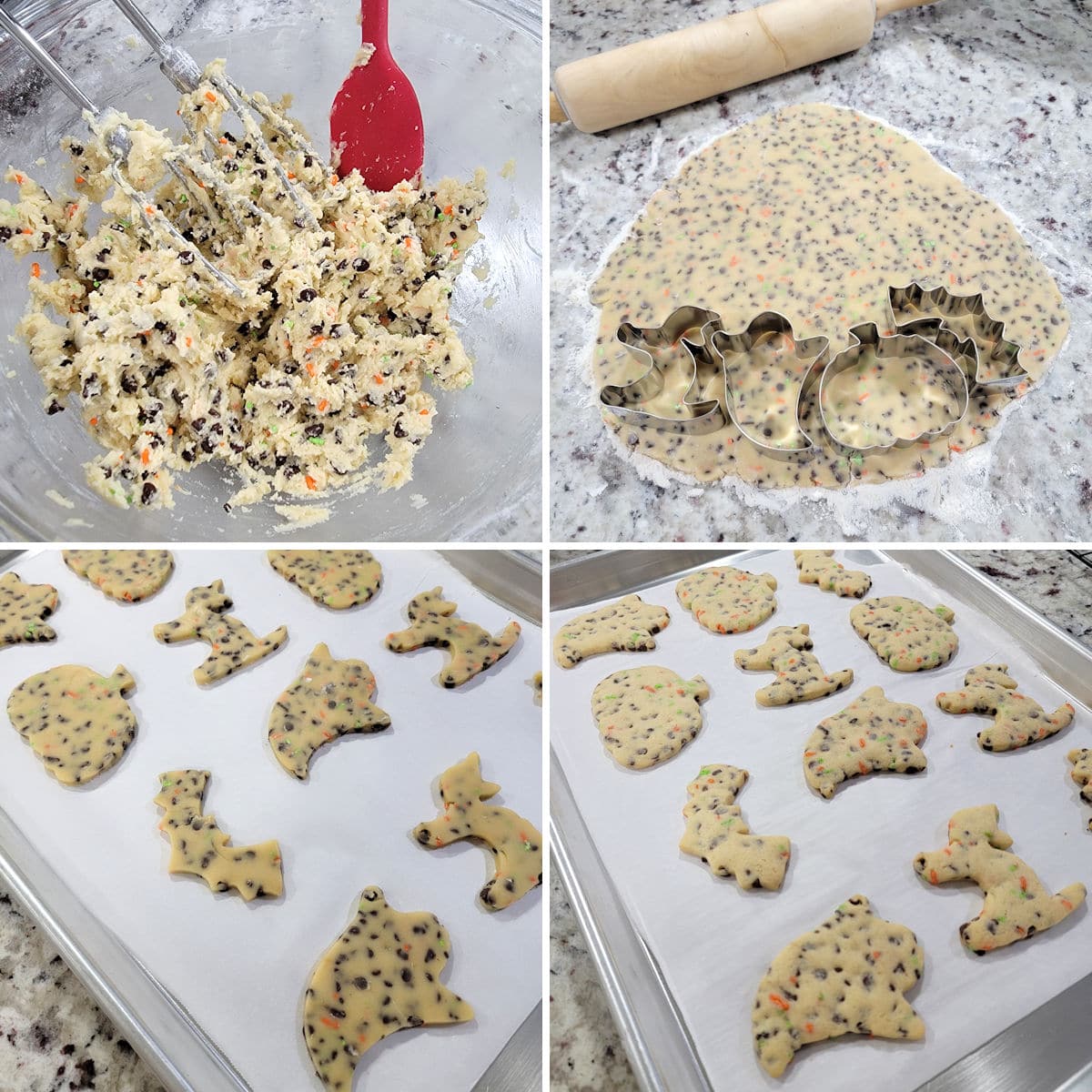 Rolling out cookie dough, cutting with cookie cutters, and baking on a baking sheet.