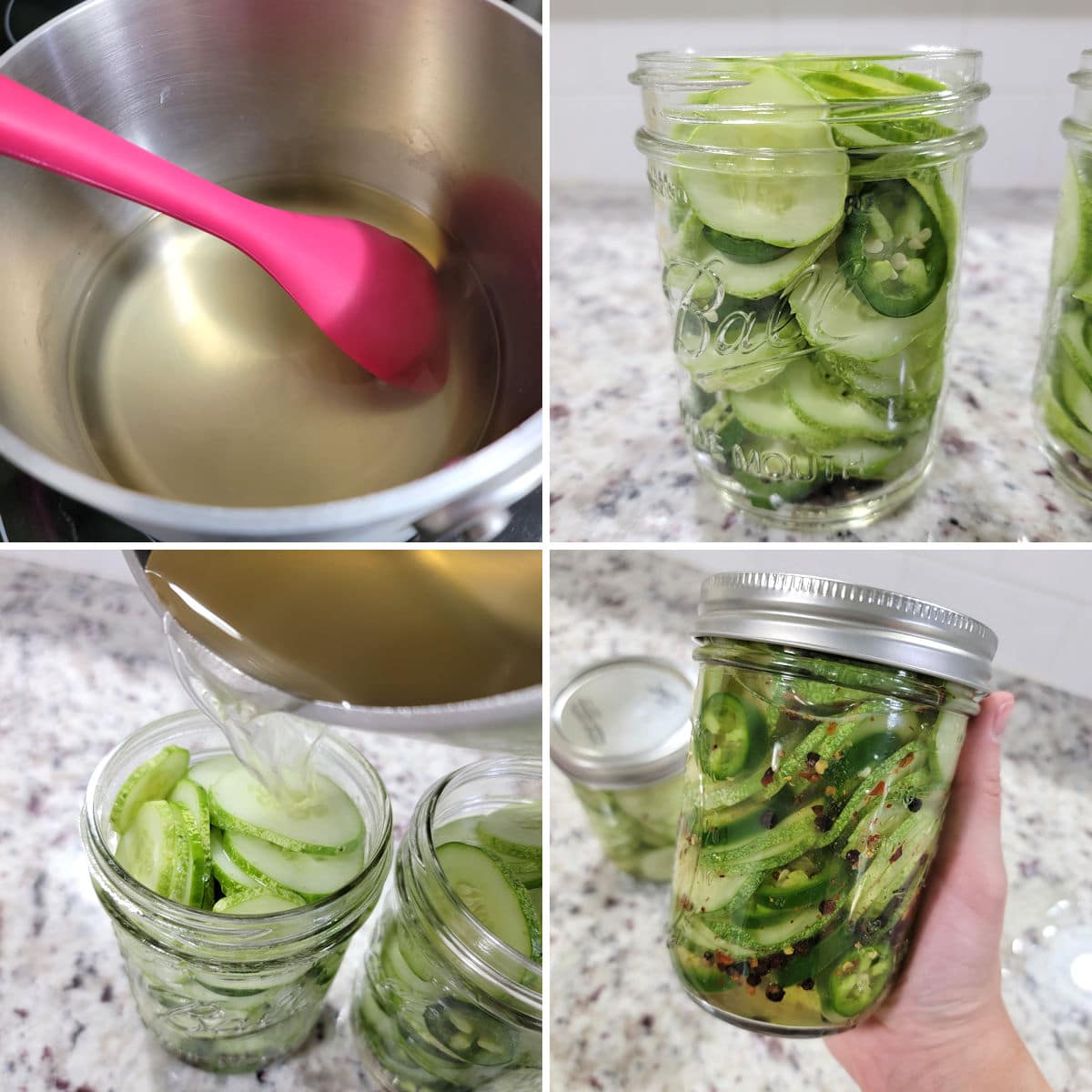 Assembling sweet and spicy pickles in a glass jar.