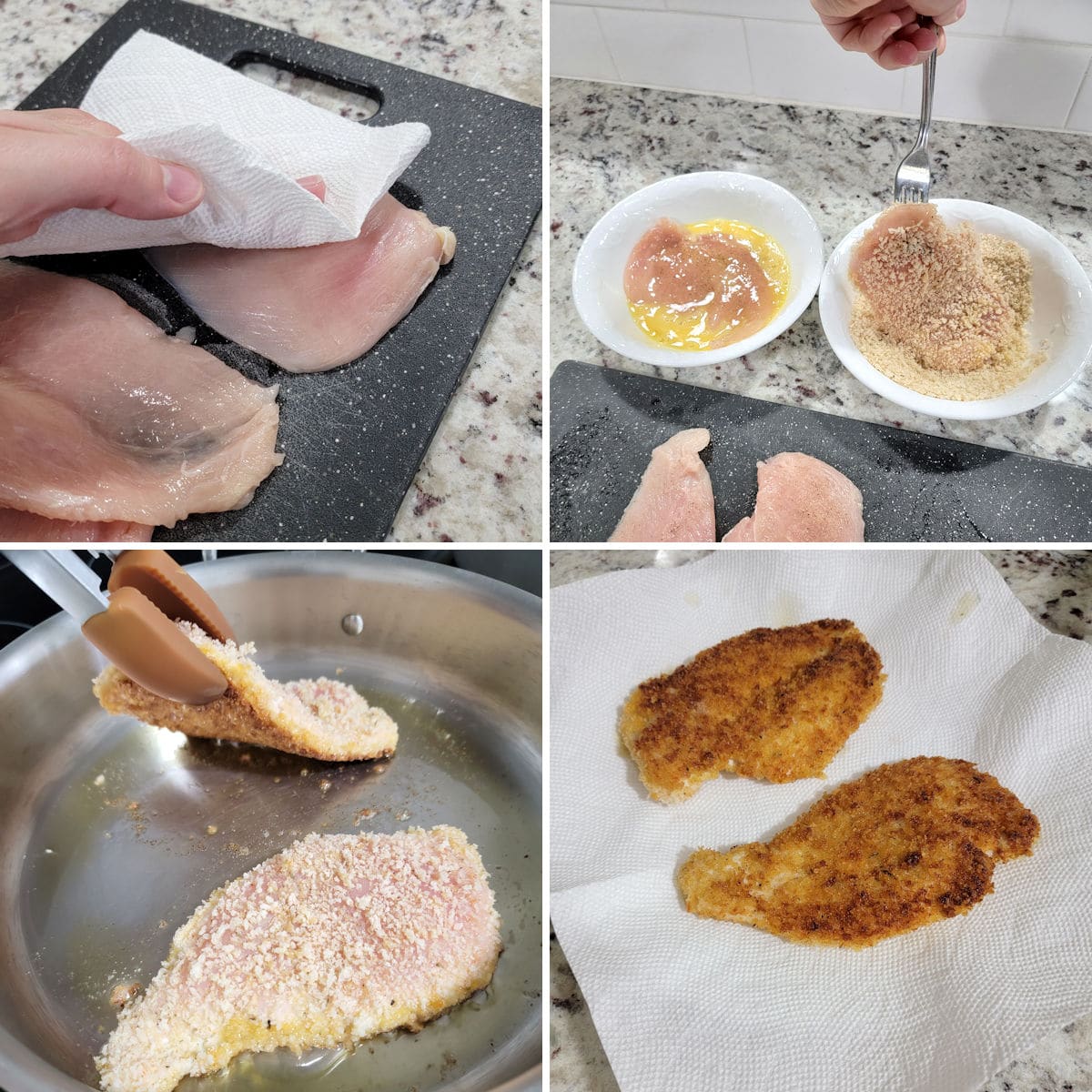 Breading and pan frying chicken breasts.