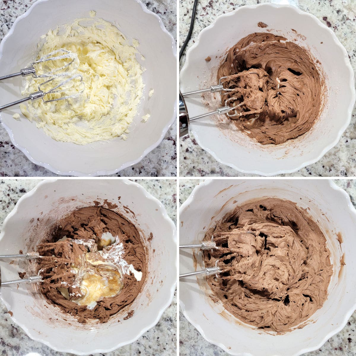 Mixing frosting ingredients into a scalloped white mixing bowl with a hand mixer.