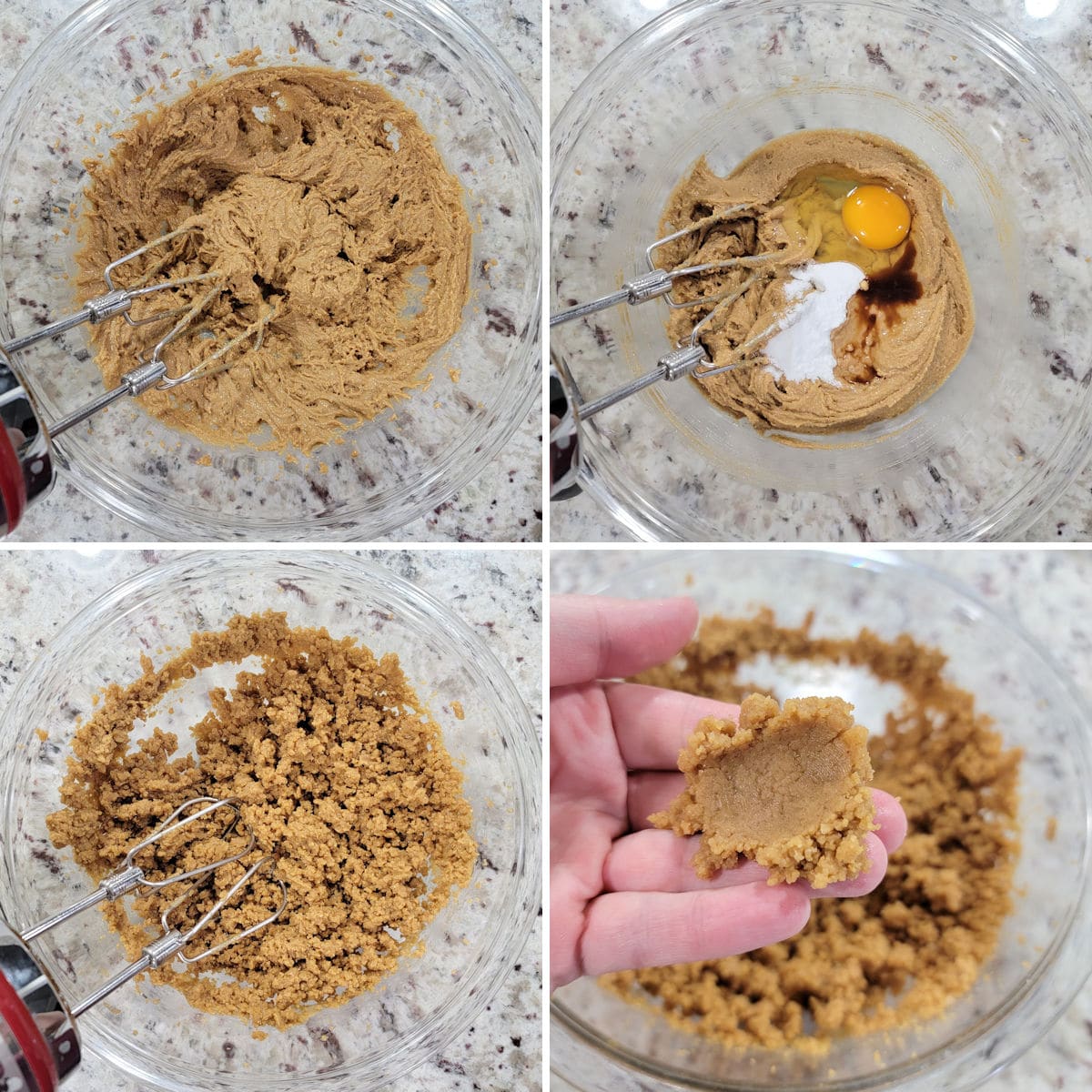 Mixing peanut butter cookie dough in a glass bowl.