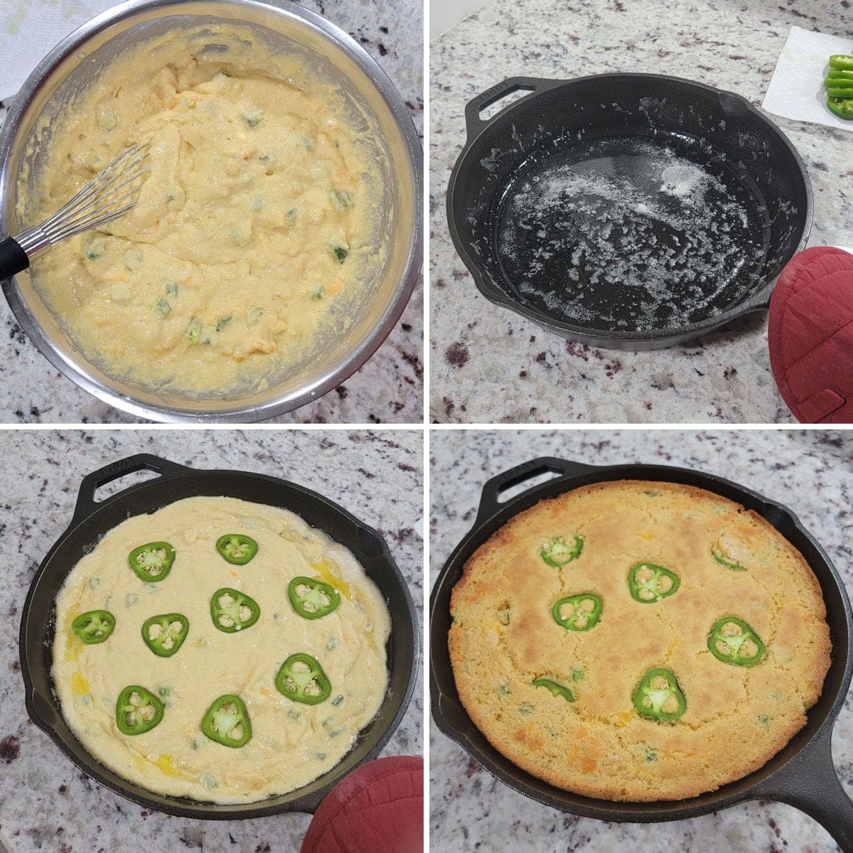 Making skillet cornbread with jalapeno slices on top.