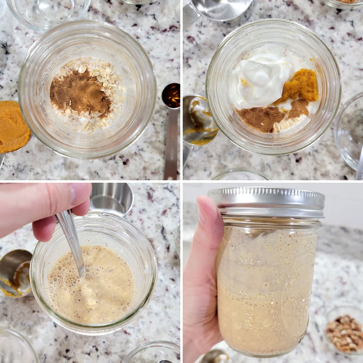 Mixing overnight oats in a glass mason jar.