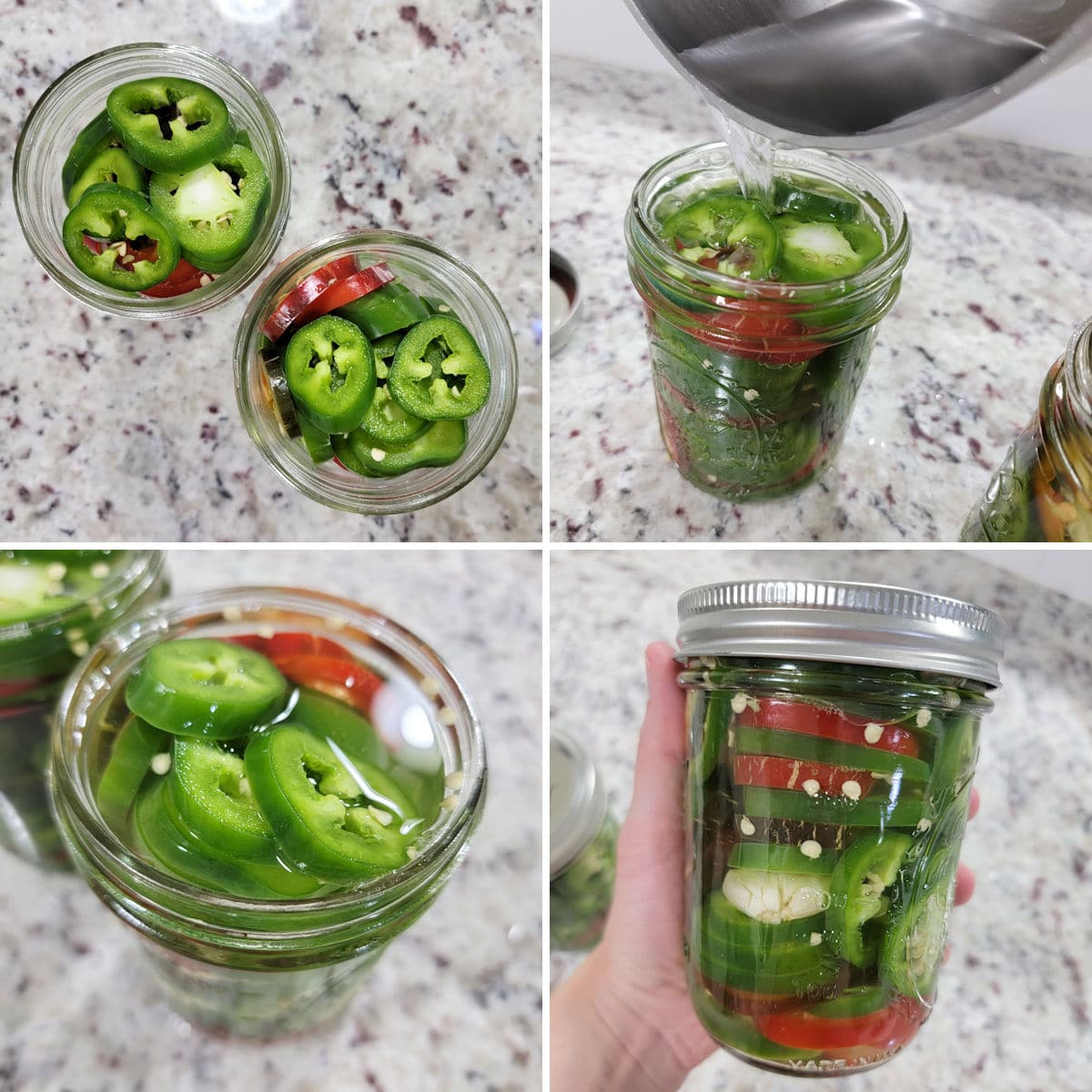 Preparing refrigerator pickled jalapenos in two glass jars.