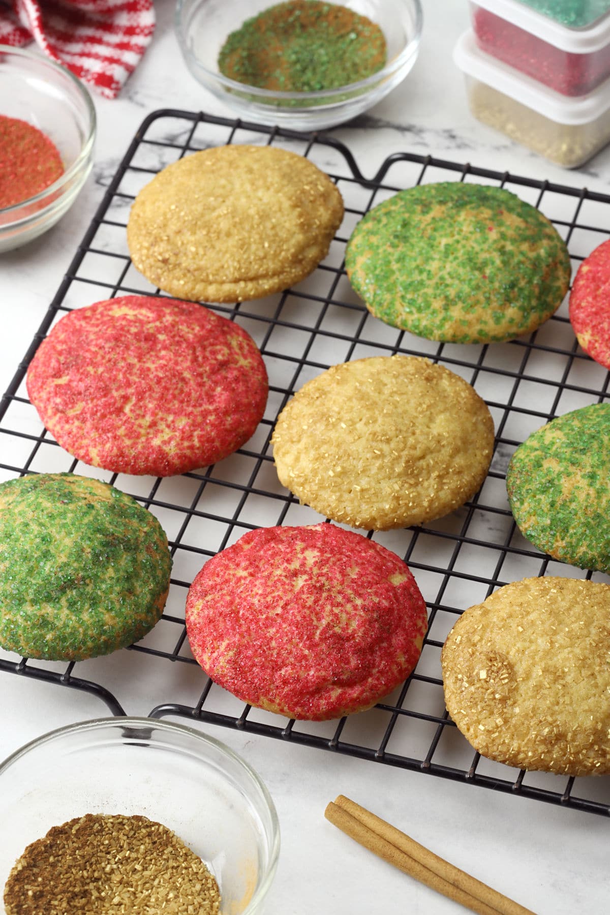 Christmas snickerdoodles on a cooling rack.