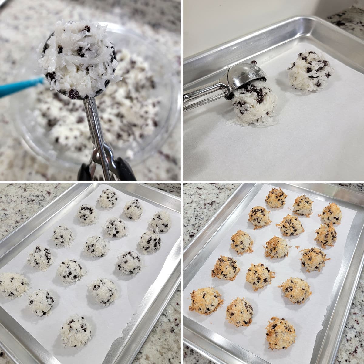 Scooping and baking coconut macaroons on a baking sheet.