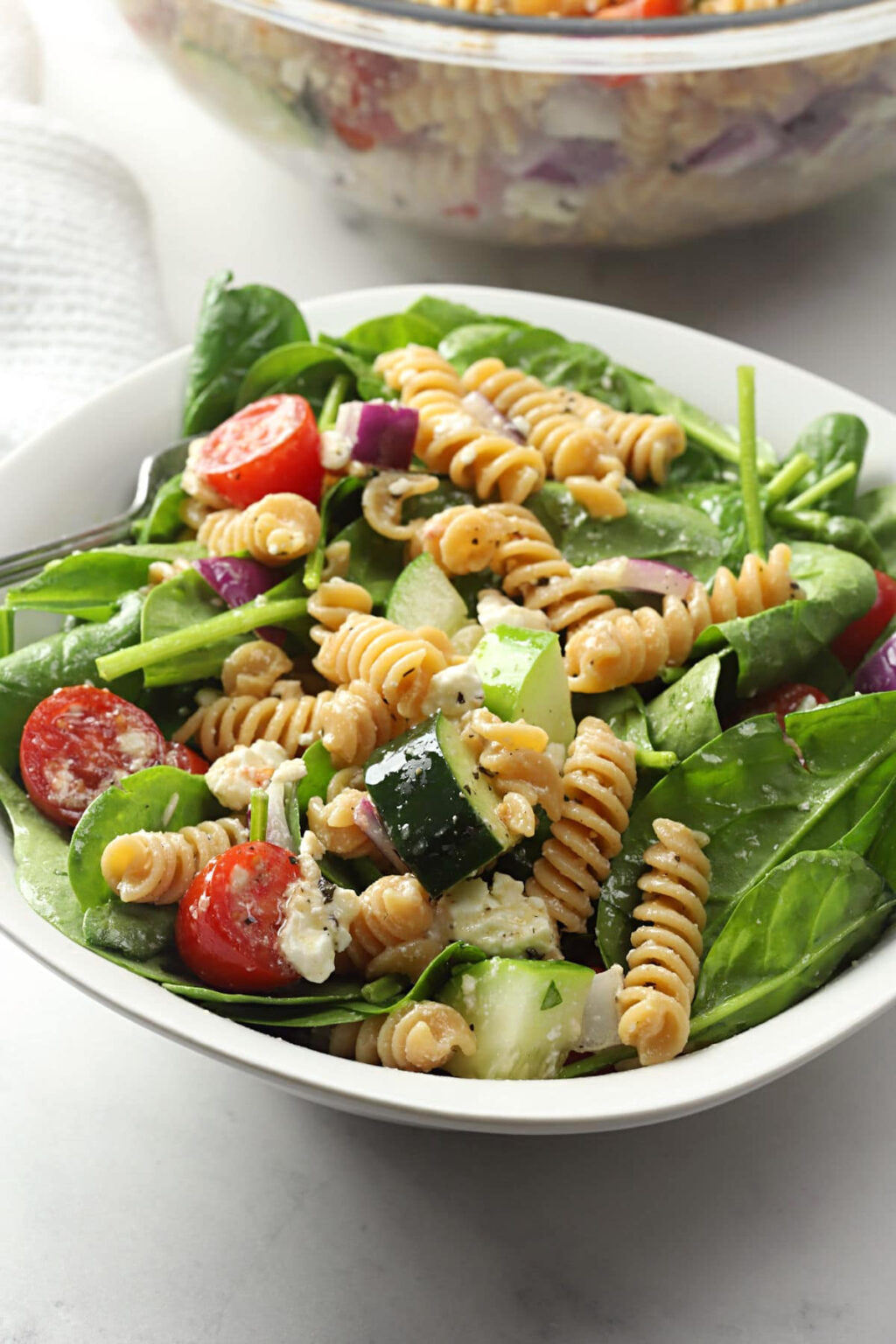 Greek Spinach Pasta Salad - The Toasty Kitchen