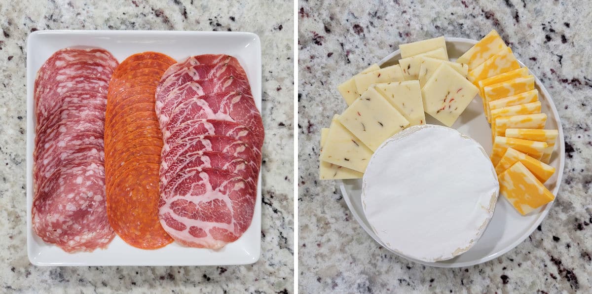Meats and cheeses on white plates on a counter top.