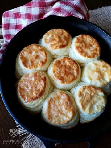 Biscuits in a cast iron pan.