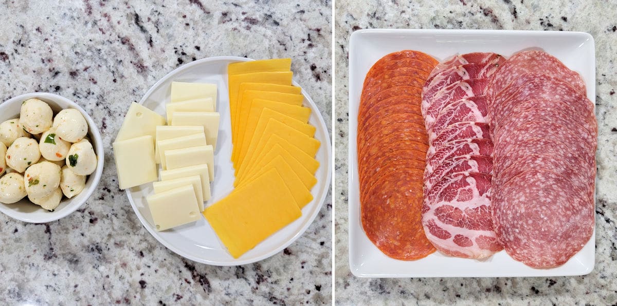 Variety of meats and cheeses on white plates.