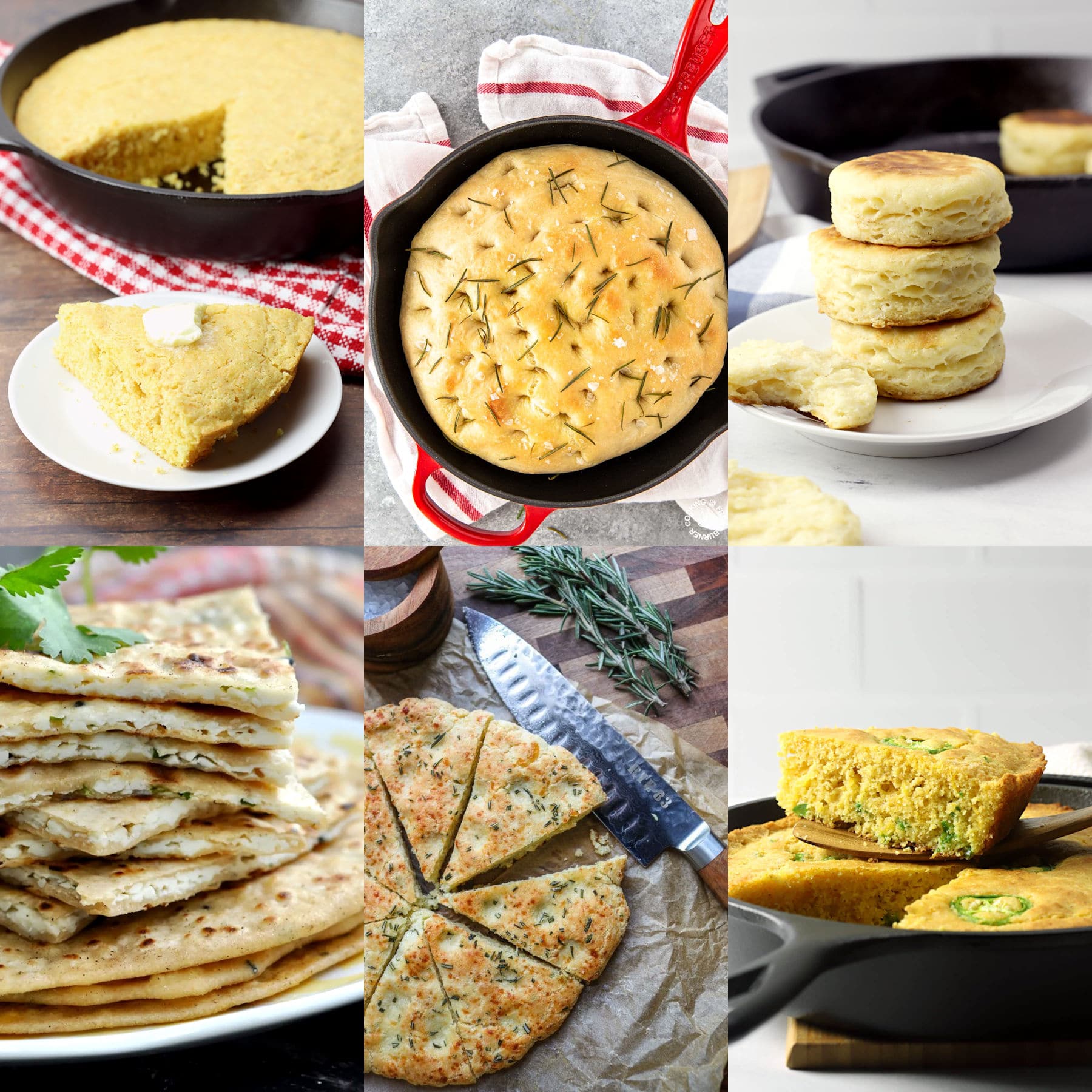 Collage of cast iron skillet bread recipes.
